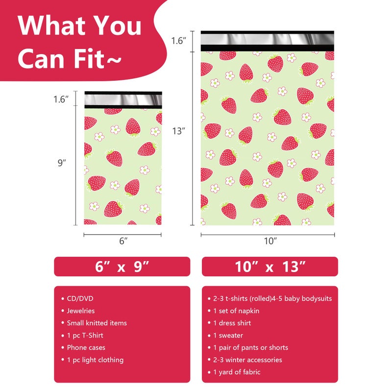 Vapulcio Poly Mailers 6x9 Inch 100 Pcs - Strawberries printed Shipping Bags, 2.4mil Thickness, Waterproof and Tear Resistant Mailing Envelopes, Self-Sealing Packaging Bags for Small Business - Image 2
